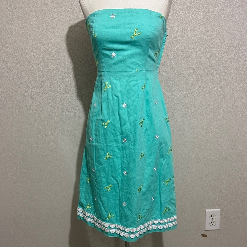 Lilly Pulitzer Vintage Embroidered Lobster and Daisy Teal Strapless Dress